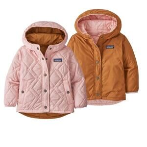 PATAGONIA REVERSIBLE HOODED PINK Cognac QUILTED GIRLS JACKET 2T Lightweight